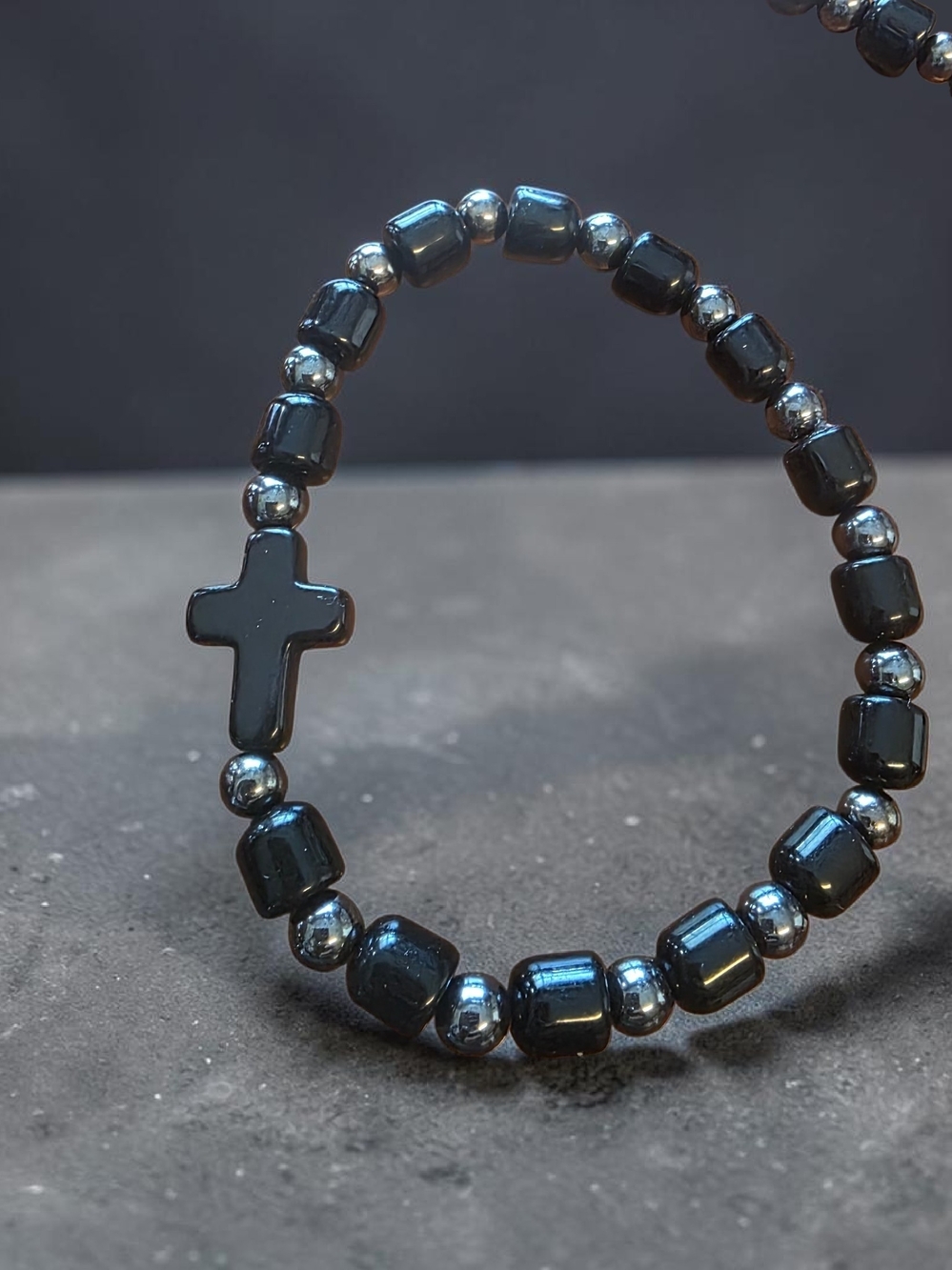 Handmade Black Cross Stretch Bracelet Hematite Obsidian Style Beads NWT
